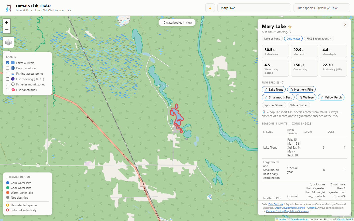 Ontario Fish Finder open on Mary Lake, showing its species list, depth stats and Zone 8 fishing regulations