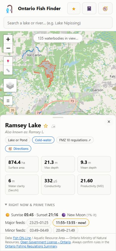 Mobile lake profile example showing Ramsey Lake information
